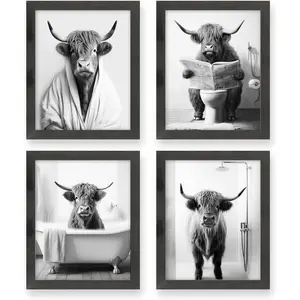 Black and White Funny Animal Wall Art Farmhouse Wall Cattle in Picture Cow in Posters Prints Set of 4(Black Framed, 8x10in)