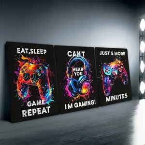 3pcs/Set Wooden Framed, Neon Video Game Canvas Print, Gamer Room Wall Art Poster Painting, Modern Gaming Wall Pictures, Ideal For Bedroom, Office, Living Room, Wall, Room, Home Decoration, Perfect Gift Ideal