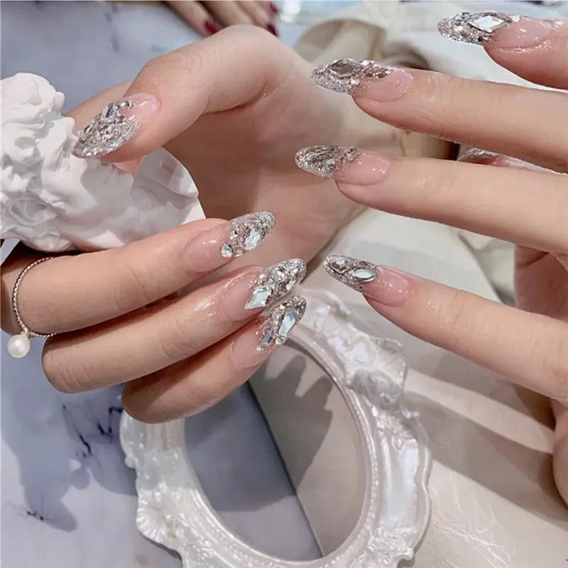 24Pcs/Set Nail Art Fake Nails with Diamonds Pink Silver Glitter Wearing Reusable False Nails Long Ballerina Press on Nail Tips