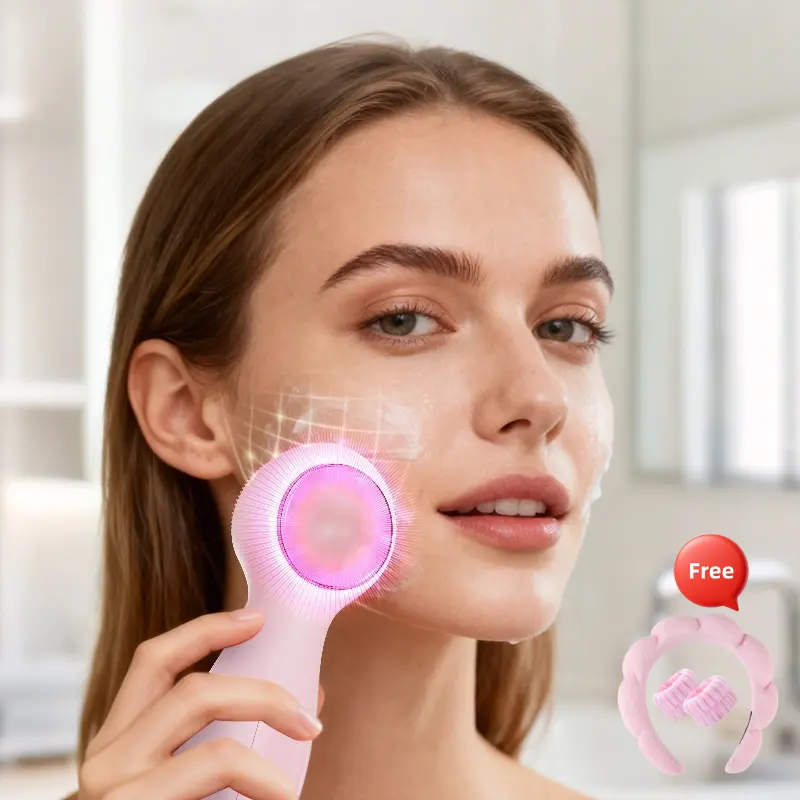 2-in-1 Silicone Bristle Face Cleansing Brush Kit with Natural Jade + 7-Color LED Therapy Massager, Anti-Aging Glow, Deep Cleaning, Anti-Acne, Gentle for Sensitive Skin, Includes Pink Headband, Purple (At-Home Spa Treatment)