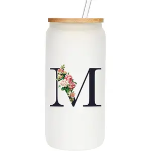 Personalized Glass Cups with Lids and Straws, Monogrammed Gifts for Women, Custom Tumbler, Cute Customized Mug, Aesthetic Stuff, Initial Iced Coffee Cup, Birthday Bridesmaid Gifts, M
