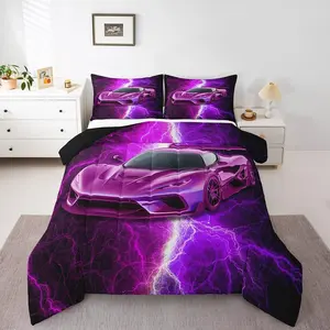 Boys Sports Car Bedding Set,Pink and Purple Race Car Comforter Set for Kids Teens,Racing Cars Quilt,Lightning Pattern Bedding Comforter Sets