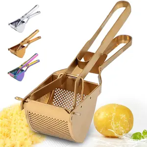 QRU Large Potato Ricer, Heavy Duty Stainless Steel Potato Masher for Commercial and Home Use, Fruit Press Baby Food Masher (Gold)