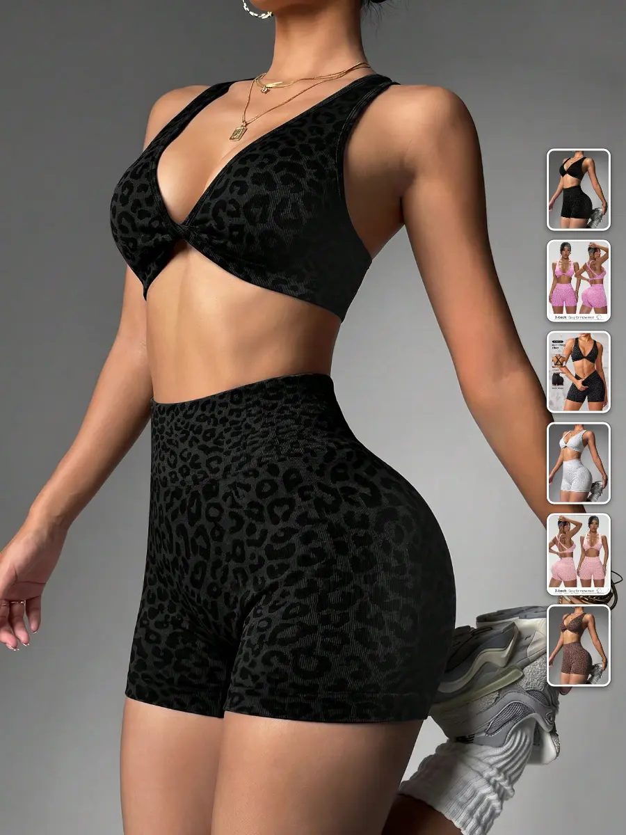 2 Piece Workout Set Leopard Print Twist Front Sports Bra Shorts Gym Outfit