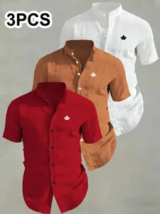 3-Pack Men's Summer Short Sleeve Shirts, Breathable Solid Collar Button-Up, Ideal for Beach Pool, Casual Swimwear, Perfect for Summer
