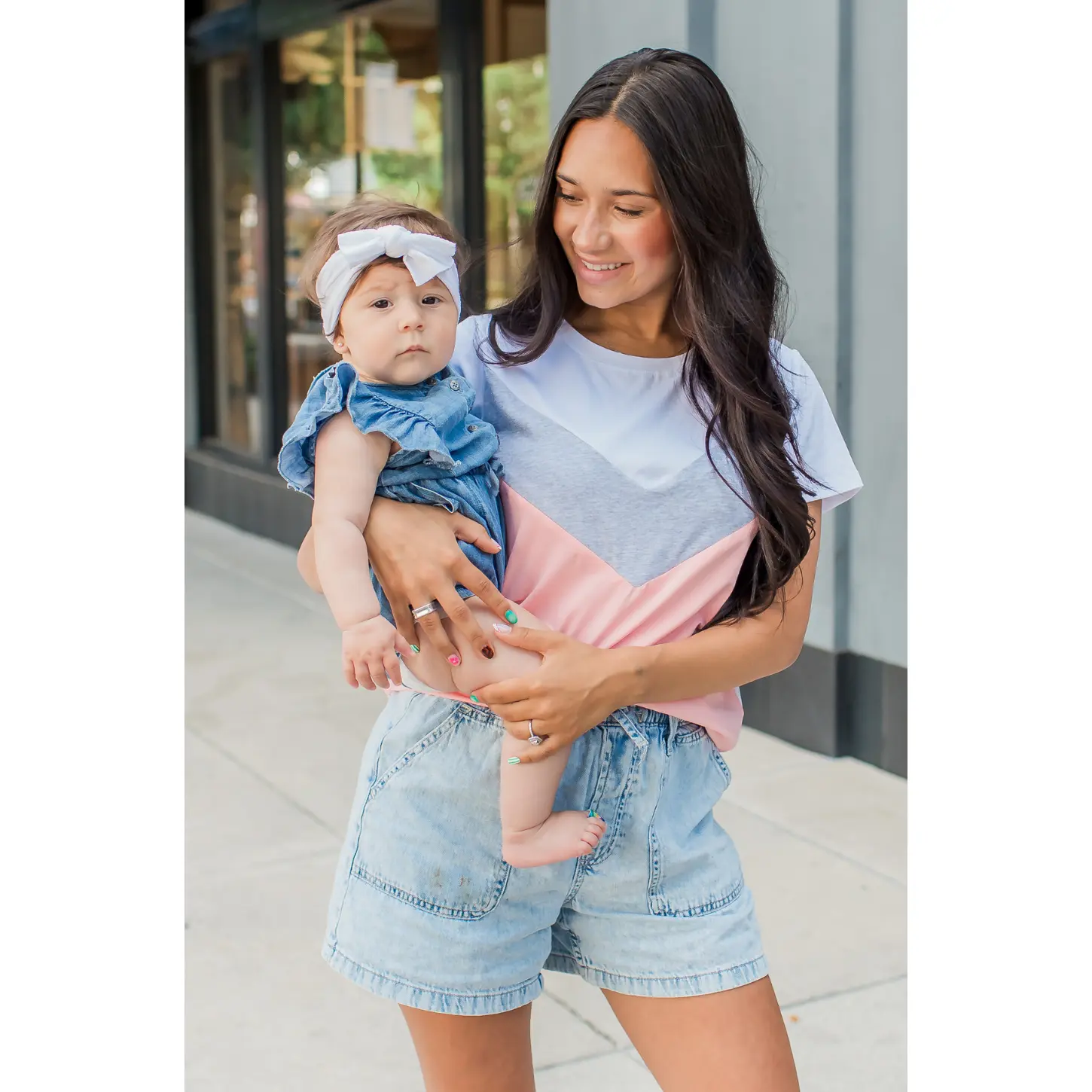 Chevron Colorblock Nursing T-Shirt - Hot Peach