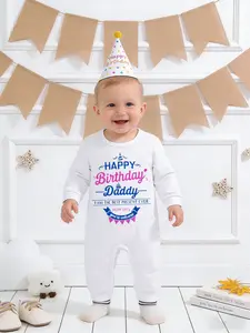"Daddy's Birthday" newborn baby boy and girl romper with cute cartoon prints and 'Happy Birthday' long-sleeve onesie Bodysuit