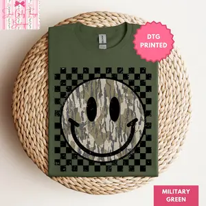 Camo Checkered Smile Face Shirt - Gildan 64000 Softstyle Tee - Camo Happy Face T-Shirt, Checkered Hunting Season Camouflage Tee, Camo Smile Face, Camo Checkered Happy Face, Camo Shirt, Yallternative Band Tee, Country Concert Tee, Preppy Western Shirt