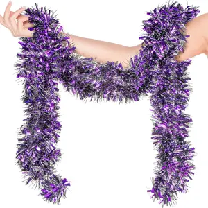 9.6FT Halloween Tinsel Garland Glittering Purple Wall Decor with Foil Tassels for Indoor Outdoor Mardi Gras All-Season Parties