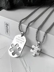 Unisex Puzzle Design Pendant Chain Link Necklace for Couple, 2pcs/set Street 2024 New Trendy Matching Necklace for Bf & Gf, Chic Jewelry, Charm Necklaces, Trendy Cute Accessories for Party, Daily Wear