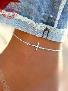 S925 Sterling Silver Simple Cross Design Anklet Ankle Bracelet, Fashionable Jewelry for Women & Girls, Trendy All-match & Exquisite Jewelry for Birthday Gift