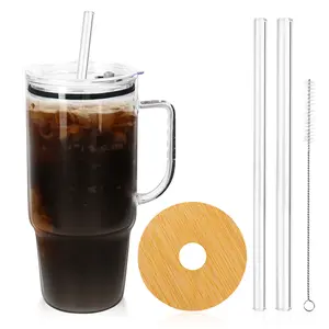 ANOTION 40oz Glass Tumbler with Handle  Glass Cups with Acrylic lid or Bamboo Lids and 2 Straws Wide Mouth Iced Coffee Cups for Smoothie, Cocktail Beer, Soda, Fruit Juice