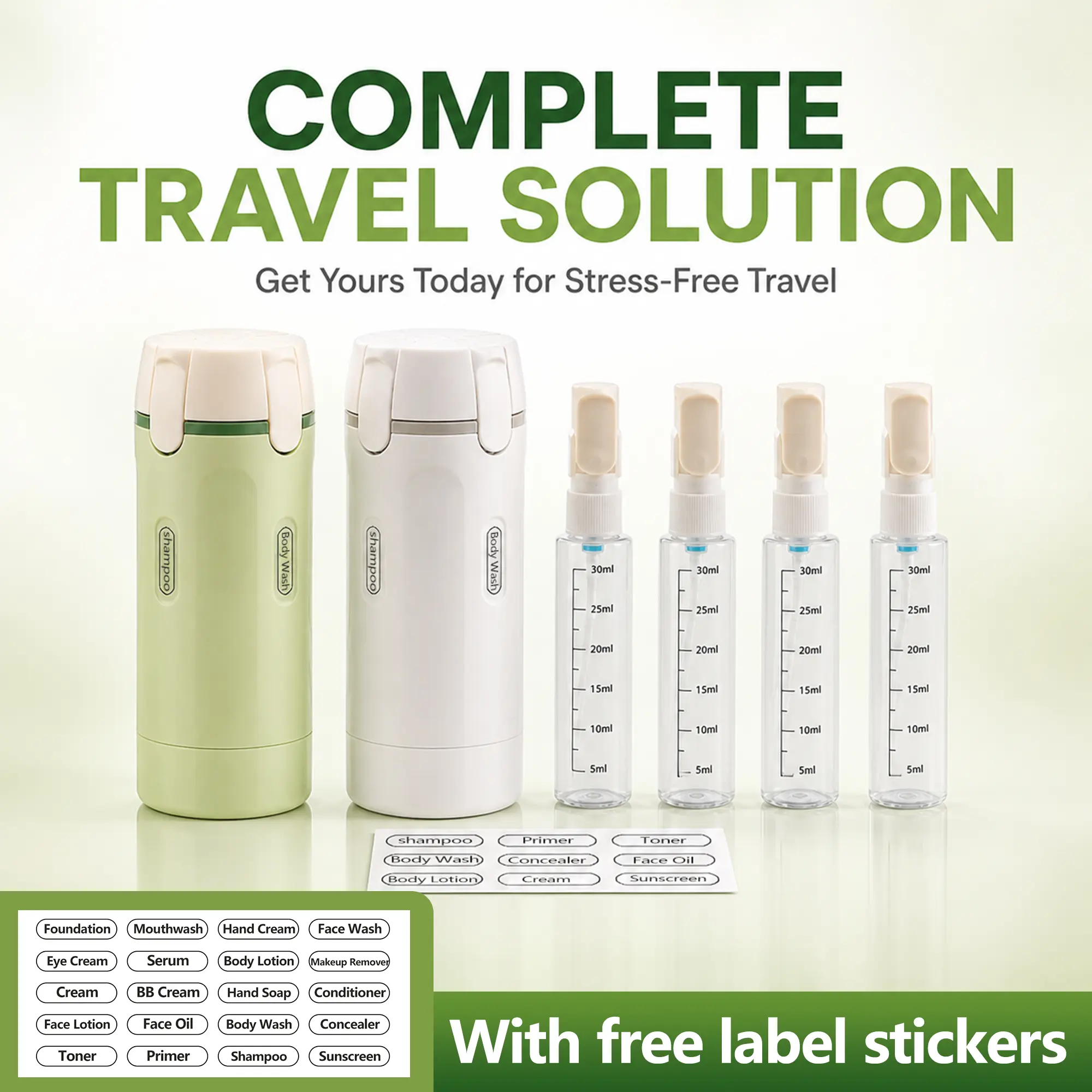 Portable 4-in-1 Travel Bottles – Leak-Proof Shampoo, Conditioner, Body Wash & Lotion Dispensers – Must-Have Travel & Toiletry Organizer