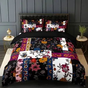 3pcs Patchwork Floral Quilt Set (1 Quilt + 2 Pillowcases), High-Definition Print, Home & Dorm Use, Durable Polyester