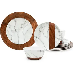 Rustic Dinnerware Sets, Marble 12-Piece Lightweight and Sets, Wood Patterns Dishes Dinnerware Set, Service for 4-