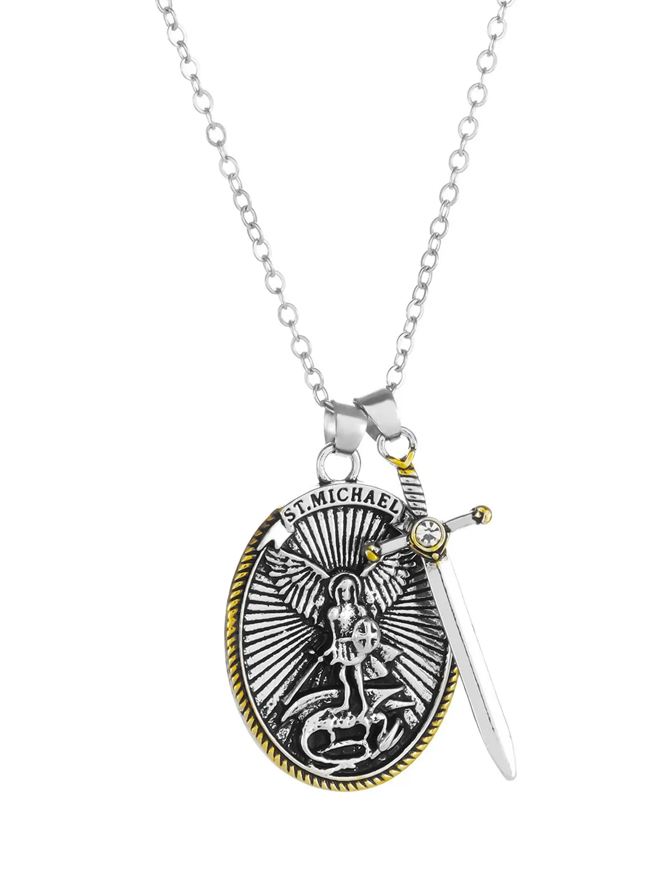 Catholic Guardian Saint Pendant Cross Necklace, Alloy Necklace, Faith Necklace, St Michael Archangel Oval Punk Geometric Chain, Unisex Party Accessory Gift