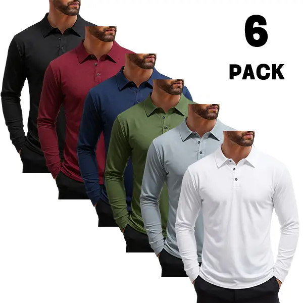 Men's 6-Pack Long Sleeve Polo Shirts, Classic Plain Solid Color Set, Breathable Stretch Fabric for Business Casual, Golf & Sports, Menswear, Outdoor