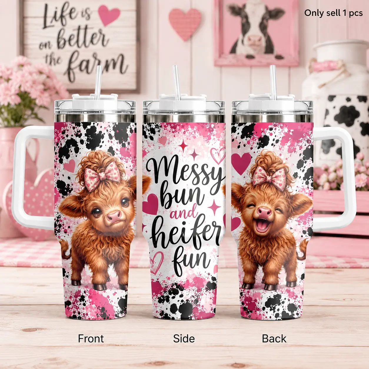 GuLuBoo Pink Highland Cow Themed Vacuum Flasks 40oz Stainless Steel Insulated Tumbler, Leakproof Travel Mug with Straw, Portable Water Bottle for Coffee, Gym & Office, Creative Drinkware Cup Ideal Gift for Animal Lovers