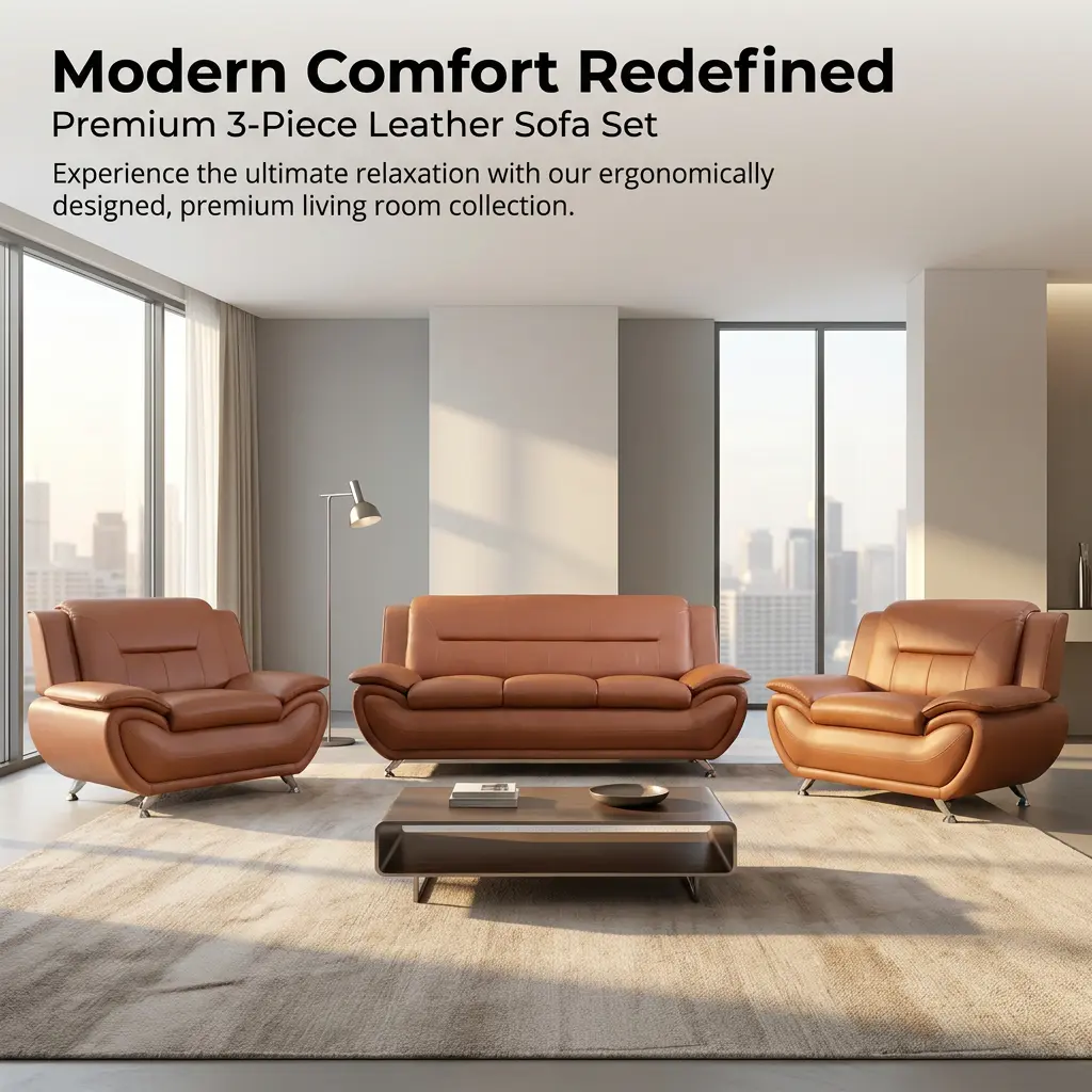 3-Piece Bright Bronze PU Leather Sofa Set, Indoor Living Room Furniture Couch 3-Piece Bright Bronze PU Leather Sofa Set, Indoor Living Room Furniture Couch