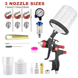 HVLP Air Spray Gun with 1.3/1.7/2.0 mm Nozzles & Air Compressor Regulator, Air Spray Paint Gun w/10pcs 650cc Mixing Cup and Lids, Automotive Paint Sprayer for Car, House Painting, Furniture