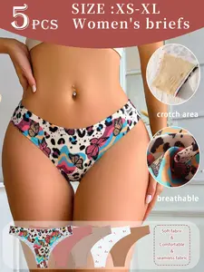 5 Pcs Seamless Women's Thong Briefs, Butterfly Cherry Print, Multi-Color, Comfortable Breathable Daily Underwear, Slim-Fitting, All Seasons, Butterfly Print Panties