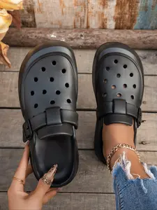 Women's Breathable Single Strap Wooden Sole Sandals, Thick Anti-Slip Sole, Soft Insole, Indoor Outdoor Slip-Ons, Beach Pool Wear, Non Slip Slippers