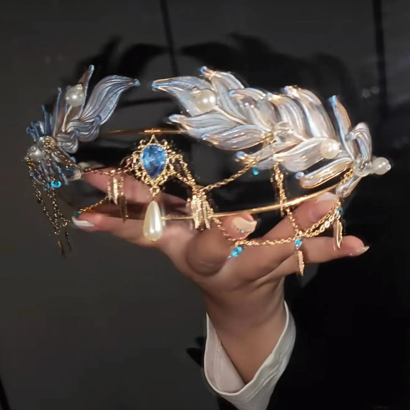 Handmade Transparent Silk Feather Floral Head Crown, Waterdrop Rhinestone Tassel Bridal Hair Accessory