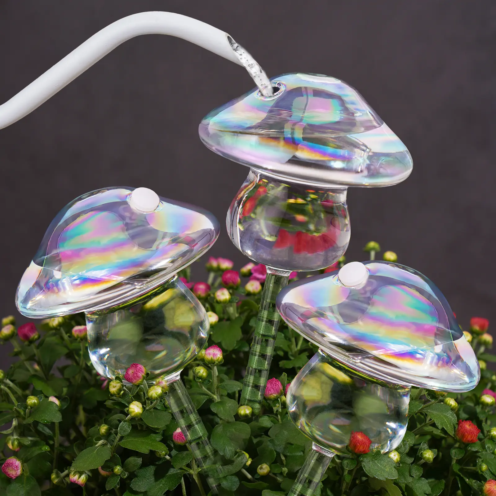 NiHome 3-Pack Iridescent Electroplated Hand-Blown Glass Mushroom Self-Watering Globes, Automatic Garden Watering System with Adjustable Flow Rate, Easy Refill for Up to 3 Weeks of Plant Hydration