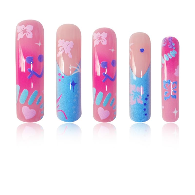 20-Piece Medium Length Press-On Nails Set, Sweet Blue Floral Design with Glossy Finish, Easy to Wear Curved Shape Nail Art for Girls
