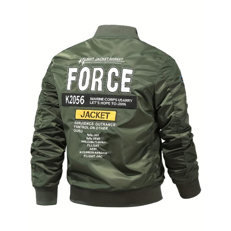 Men's Air Force Themed Letters Embroidery Baseball Collar Jacket, Casual Stylish Long Sleeve Windproof Motor Coat Outdoor Clothes