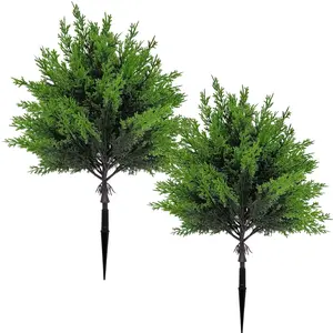 2pcs Versatile Artificial Juniper Cedar Bush, UV Resistant Fake Evergreen Plant with Ground Spike, No Fade Plastic Greenery for Outdoor Garden Patio, Cemetery, Farmhouse Yard, All Seasons Low Maintenance Decor, Artificial Shrubs