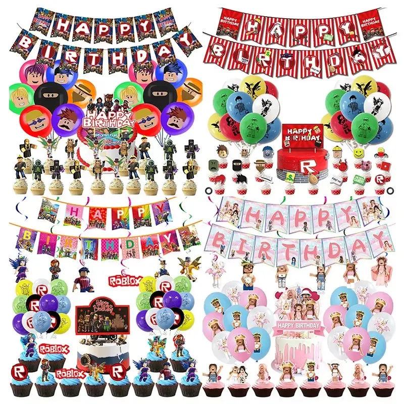 New ROBLOX Birthday Party Decoration Pull Flag Banner Balloon Cake Topper Set Party Supplies Girls Kids Boys Favor Gift Game DIY
