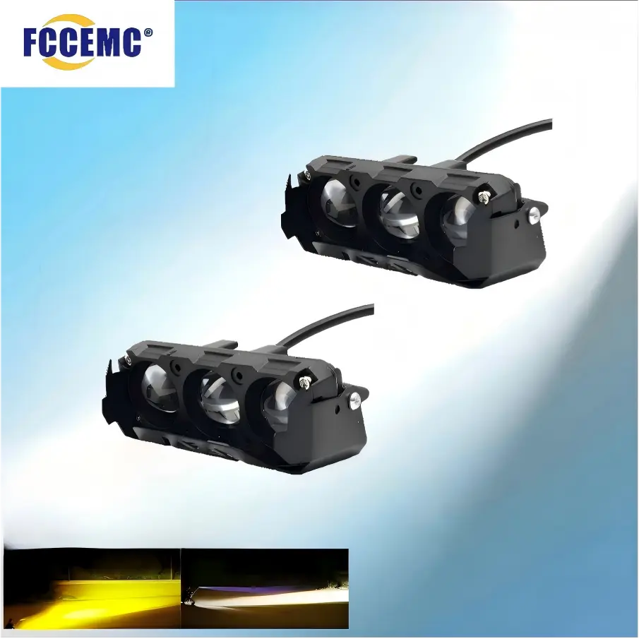 3 Lens Motorcycle LED Spotlights - Yellow and White Light, Triple-Eye Motorcycle Lights for Auxiliary Car Lighting, Outdoor Lighting, Cars, SUVs, UTVs, Dirt Bike Lights
