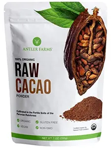 Antler Farms - 100% Pure Organic Raw Cacao Powder, 40 servings, 200g - Vegan, Gluten Free, Cultivated Naturally in Amazon Rainforest, Certified USDA Organic