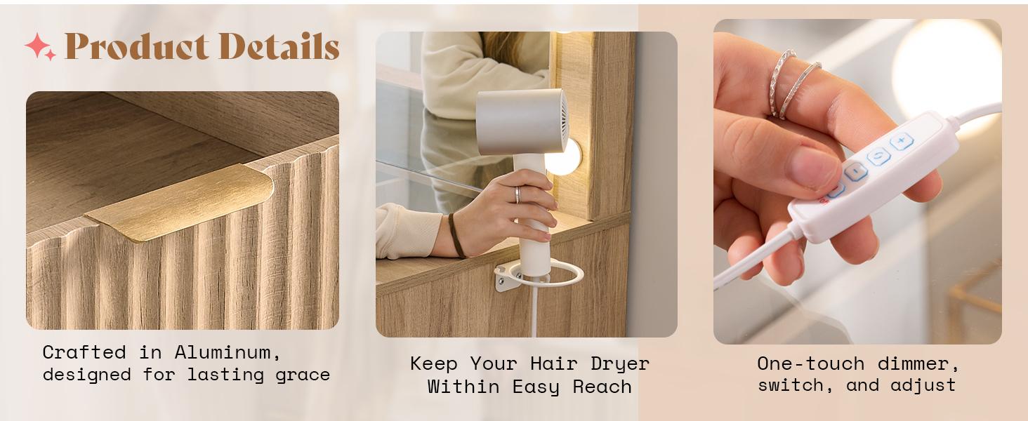 AMERLIFE 36.2/47.2" Fluted Vanity Desk with Mirror and Adjustable LED Lights, Large 4/7 Drawers Makeup Table with Glass Top and Charging Station for Women and Girls, Bedroom or Dorm/Best Gift Ideas/Christmas Gifts