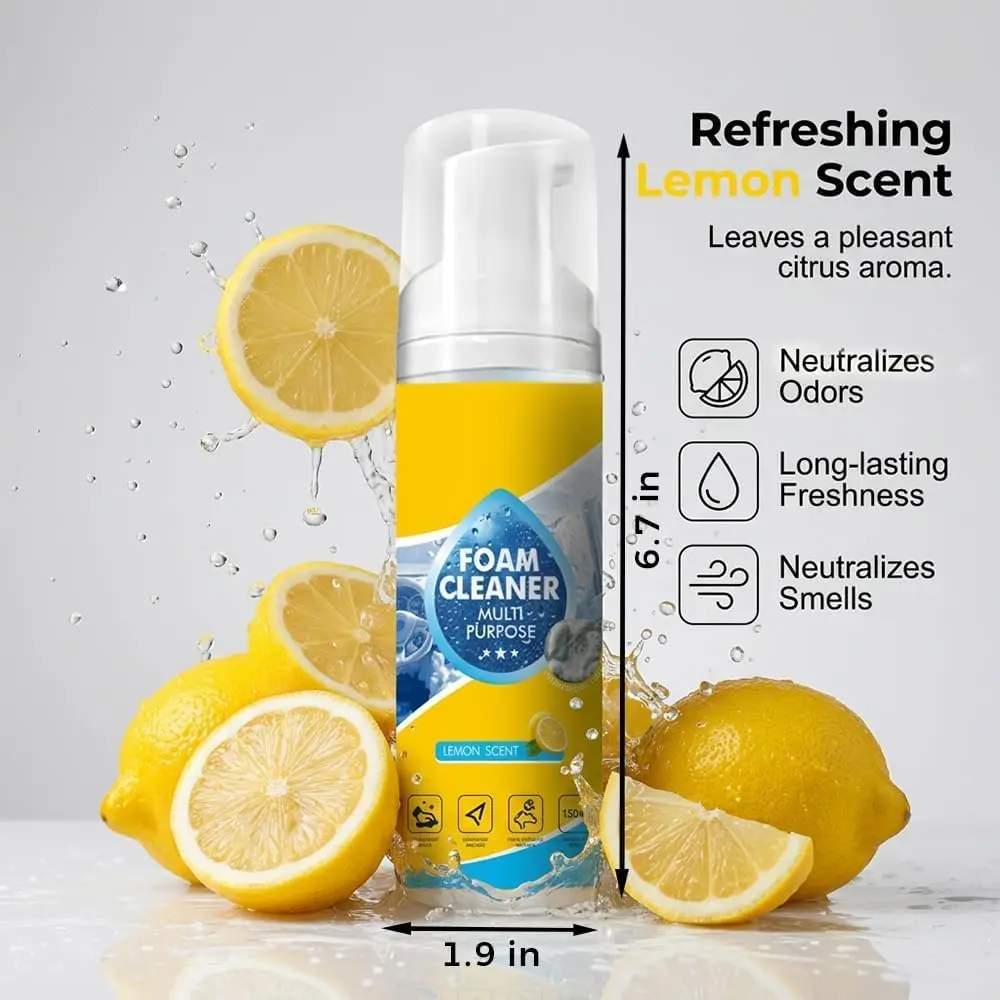 4-in-1 Compact Enzyme Powered Multi Cleaner Concentrate with Brush, 1pc Scented Lemon Fragrance No-Rinse Spray - Car Interior Care Cloth, Household Grease & Stain Removal