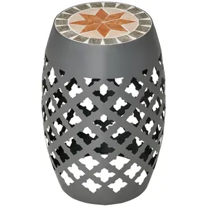 Outsunny 12" Patio Round Side Table, Outdoor Footstool, Garden Mosaic Accent Side Table, Plant Stand, Gray