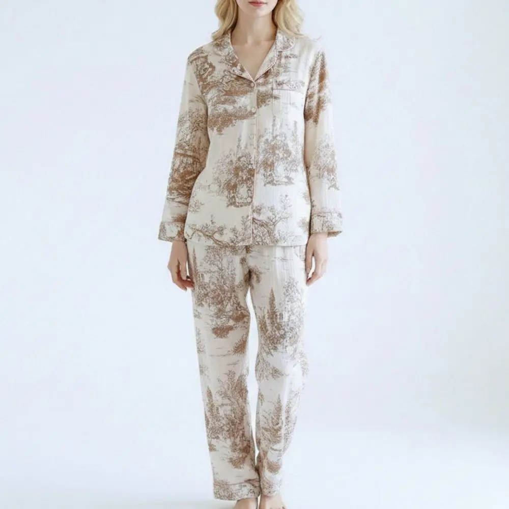 Anna-Kaci Lounge Women's Printed Button-Up Pajama Set with Piping Details - Medium Beige