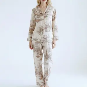 Anna-Kaci Lounge Women's Printed Button-Up Pajama Set with Piping Details - Medium, Beige