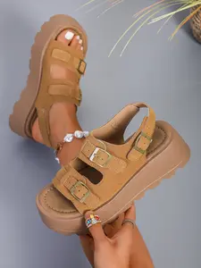 Women's Velour Three-Button Thick Sole Sandals, Vintage Toe-Open Beach Shoes, Height Increasing Casual Outdoor Wear, Multiple Colors Available