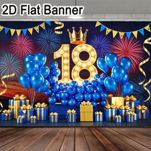 2D flat banner, 1pc18th Birthday Decorations Gold 18 Sign with Crown Blue Balloons Gift Boxes Fireworks Backdrop for Grand Party Decor, Luminous Number Backdrop