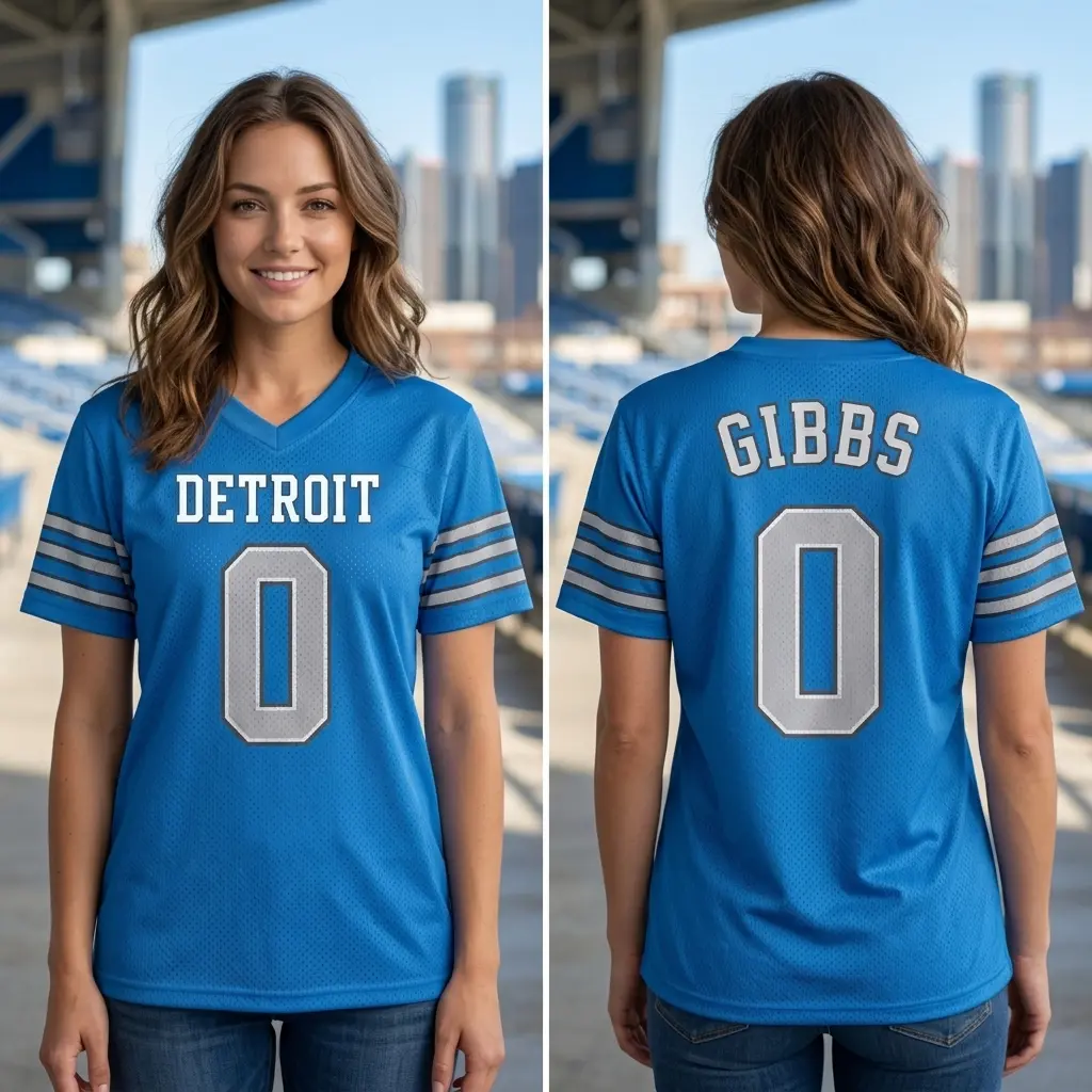Gibbs Detroit Football Jersey, Motor City Classic Blue Mesh Breathable Fabric with Silver Accents #0, Perfect Gift for Football Fan