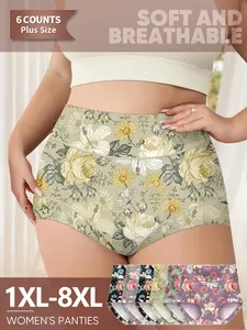 6-Pack Plus Size Vintage Floral Print Women's Underwear Panties 1xl-8xl, Soft Breathable High-Waist, Comfortable Hipster for All Seasons