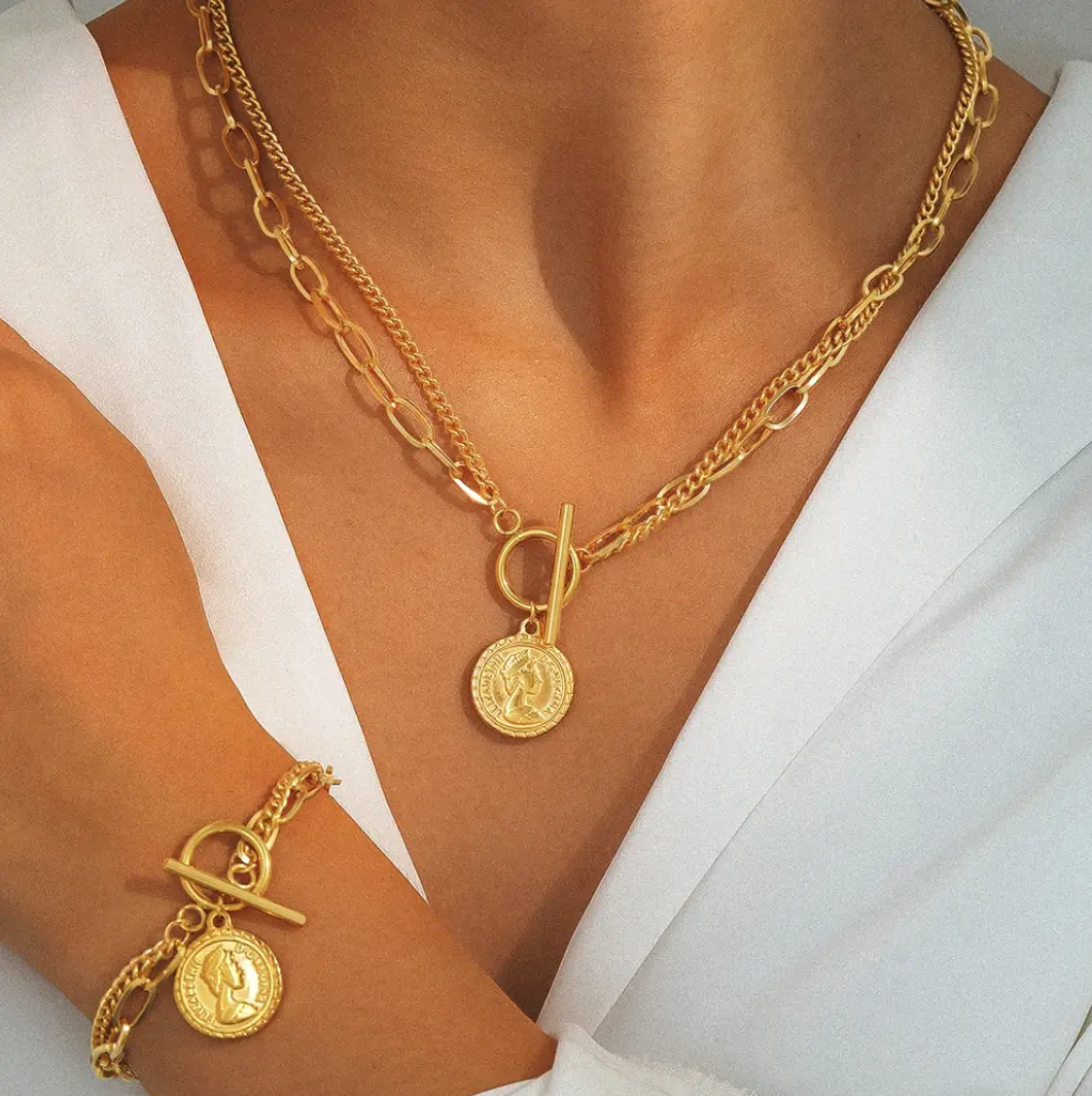 S28- Beautiful Set, Coins Double Necklace and Bracelet!