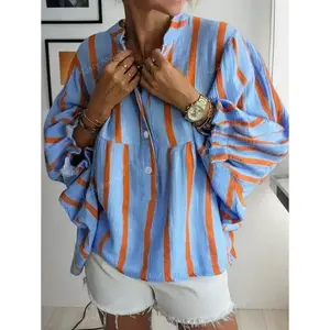 Women's Casual Striped Loose Blouse, Ruffle Cuffed Shirt, Holiday Vacation Wear, Retro Simple Style, Suitable For Commuting & Streetwear