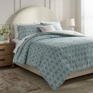 3pc Full/Queen Yarn Dye Ikat Comforter and Sham Set Ivory/Teal Blue/Light Teal Blue - Threshold: Jacquard, Machine Washable