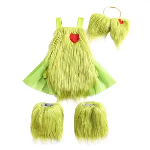 CPZVUCAK Newborn Baby Christmas Costume Furry Sleeveless Romper + Headband + Leg Warmer 3pcs Green Monster Cosplay Xmas Outfit