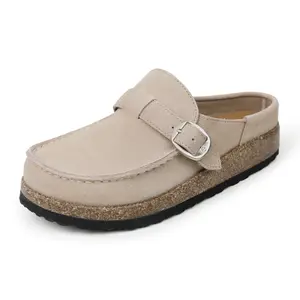 EVELLYHOOTD Mocelle-Genuine Leather Cork Footbed Loafers Clogs  Adjustable Buckle Slip On Comfort Mules  for Women Leopard Print Durable Clogs Casual  Footwear