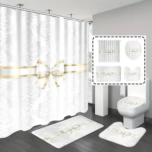 1pc/4pcs, bathroom shower curtains, bathroom set, shower curtains, Shower Curtain Sets, bathroom decor, bathroom rug, Home Decoration, Home Goods, bathroom mat, Bow and Retro Flower Patterns, Bathroom Suit, with 12 hooks