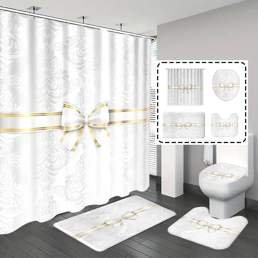 1pc/4pcs, Decorative Aesthetic Shower Curtain, bathroom shower curtains, bathroom set, Shower Curtain Sets, bathroom decor, bathroom rug, Home Decoration, Bow and Retro Flower Patterns, with 12 hooks